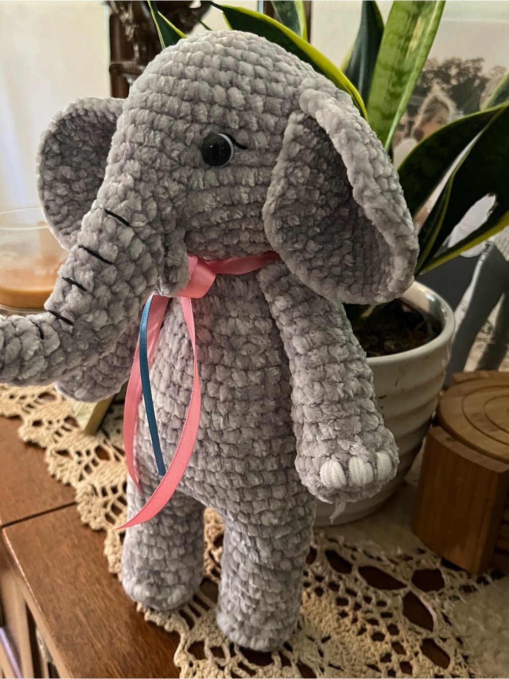 Plush Gray Elephant Stuffed Animal with Pink Ribbon - Soft Cuddly Toy